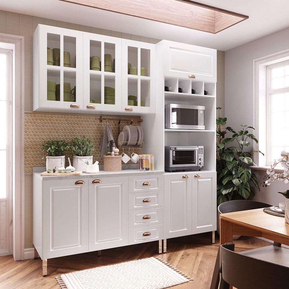 Armário De Cozinha Compacta 3 Peças Com Tampo E Vidro Cristal Luciane Móveis Branco Polar Com Branco Pet E Marmore - 1