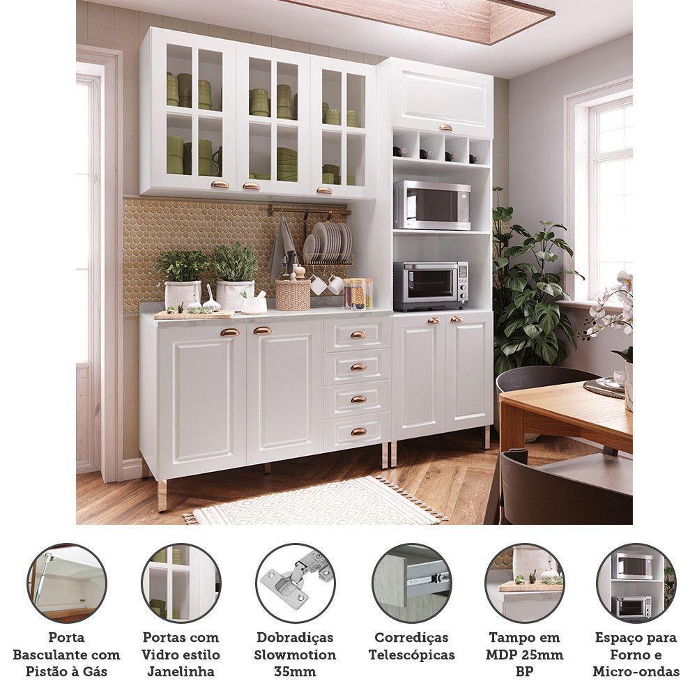 Armário De Cozinha Compacta 3 Peças Com Tampo E Vidro Cristal Luciane Móveis Branco Polar Com Branco Pet E Marmore - 2