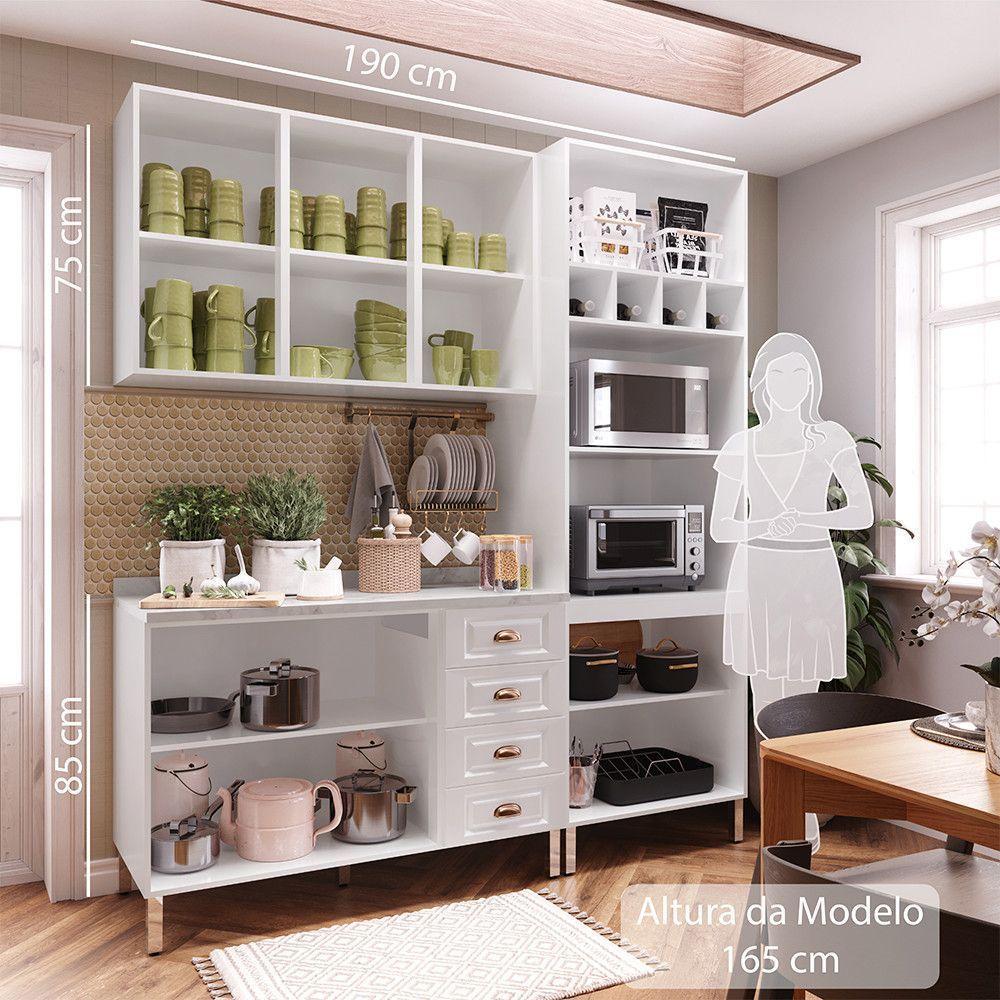 Armário De Cozinha Compacta 3 Peças Com Tampo E Vidro Cristal Luciane Móveis Branco Polar Com Branco Pet E Marmore - 4