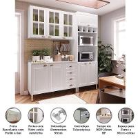 Armário De Cozinha Compacta 3 Peças Com Tampo E Vidro Cristal Luciane Móveis Branco Polar Com Branco Pet E Marmore