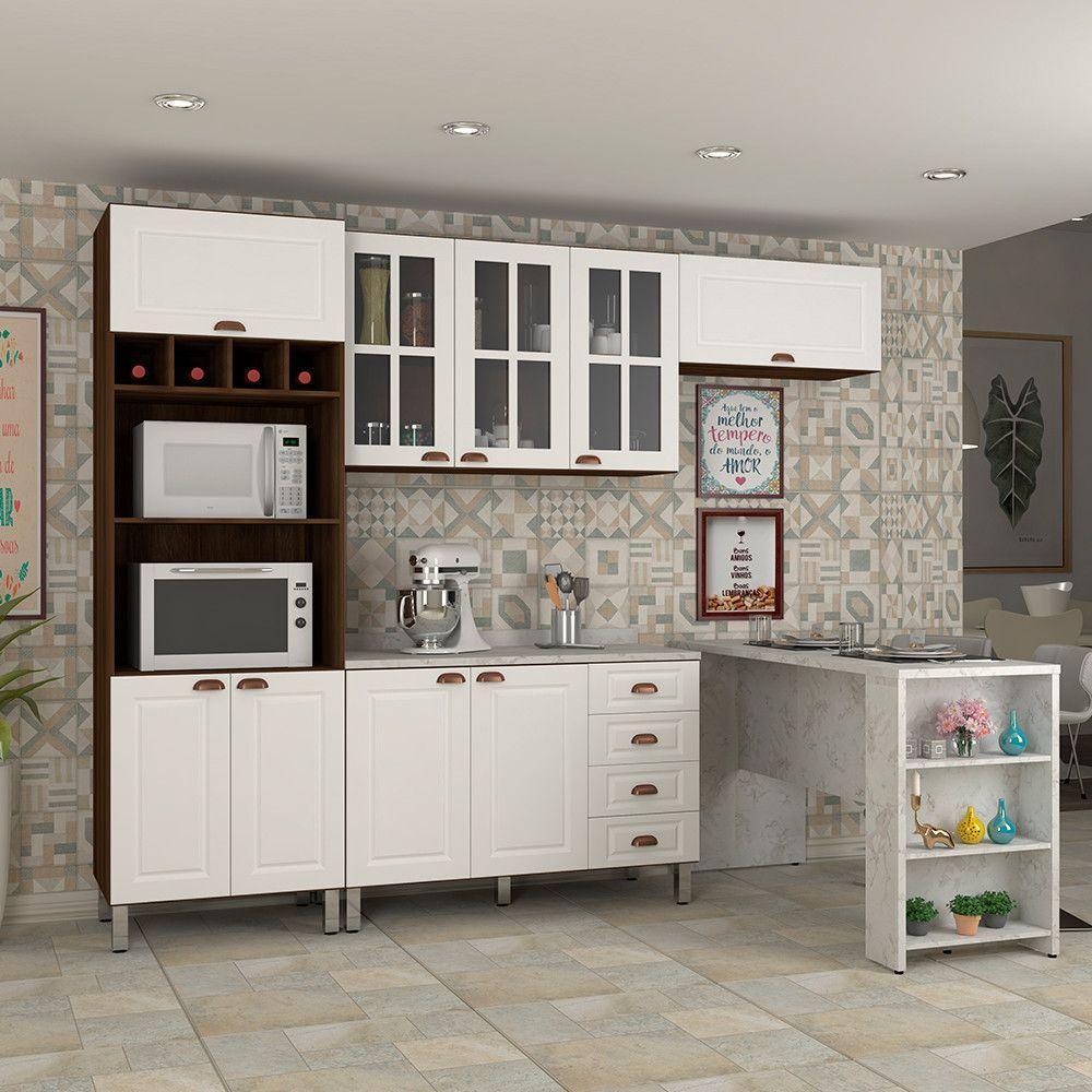 Armário De Cozinha Compacta 4 Peças Com Tampo E Bancada Agatha Luciane Móveis Nogueira Dourado C/ Branco Pet E Marmore - 1