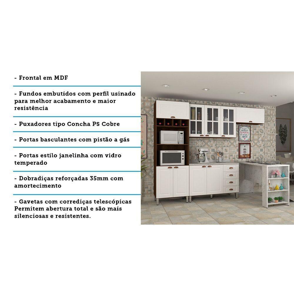 Armário De Cozinha Compacta 4 Peças Com Tampo E Bancada Agatha Luciane Móveis Nogueira Dourado C/ Branco Pet E Marmore - 2