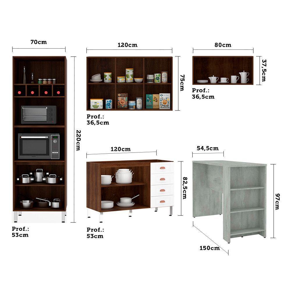 Armário De Cozinha Compacta 4 Peças Com Tampo E Bancada Agatha Luciane Móveis Nogueira Dourado C/ Branco Pet E Marmore - 4