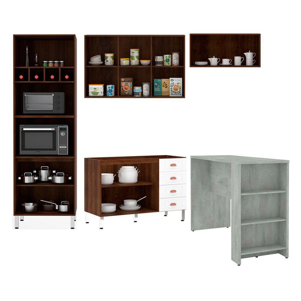 Armário De Cozinha Compacta 4 Peças Com Tampo E Bancada Agatha Luciane Móveis Nogueira Dourado C/ Branco Pet E Marmore - 5