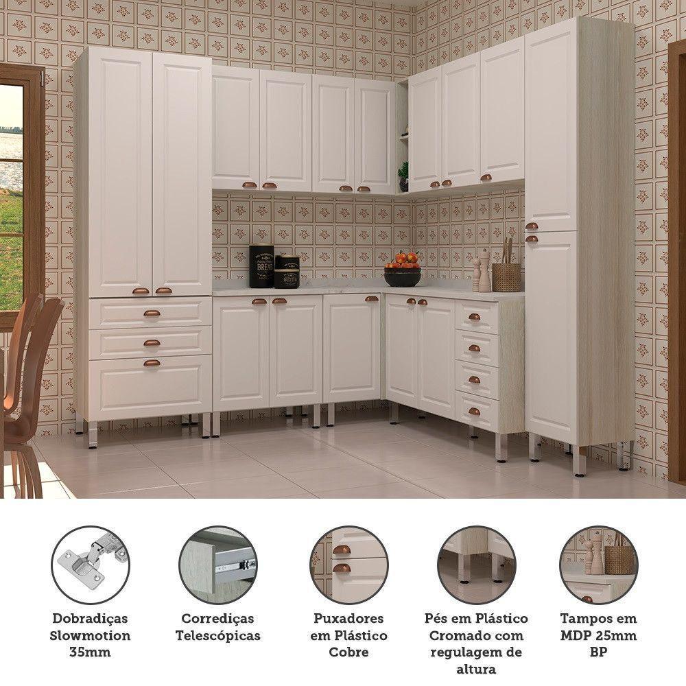 Armário De Cozinha Completa 8 Peças Com Tampo Agatha Luciane Móveis Legno Crema Com Branco Pet - 2