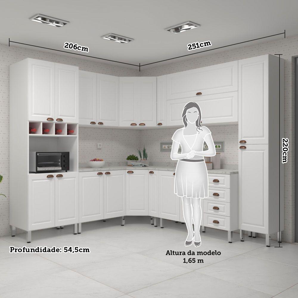 Armário De Cozinha Completa 10 Peças Com Tampos E Espaço Para Micro-ondas Cristal Luciane Móveis Branco Polar Com Branco Pet E Marmore - 5