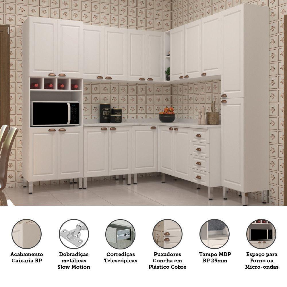 Armário De Cozinha Completa 8 Peças Com Tampos E Espaço Para Micro-ondas Cristal Luciane Móveis Branco Polar Com Branco Pet E Marmore - 2