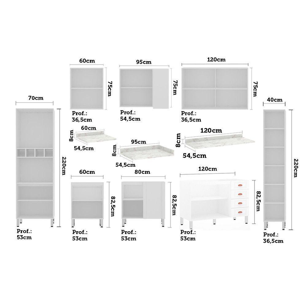Armário De Cozinha Completa 8 Peças Com Tampos E Espaço Para Micro-ondas Cristal Luciane Móveis Branco Polar Com Branco Pet E Marmore - 4