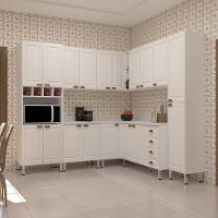 Armário De Cozinha Completa 8 Peças Com Tampos E Espaço Para Micro-ondas Cristal Luciane Móveis Branco Polar Com Branco Pet E Marmore - 1