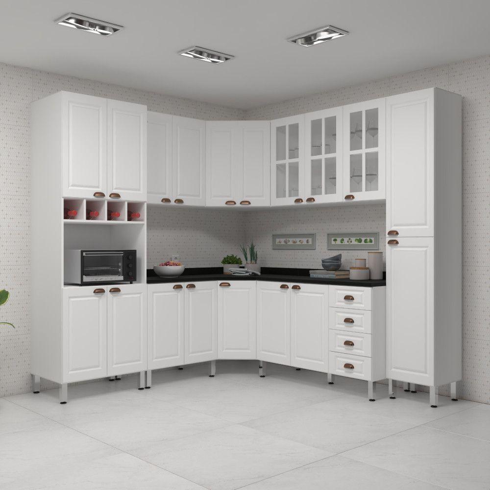 Armário De Cozinha Completa 8 Peças Com Tampos Espaço Para Forno E Vidro Cristal Luciane Móveis Branco Polar Com Branco Pet E Preto - 1