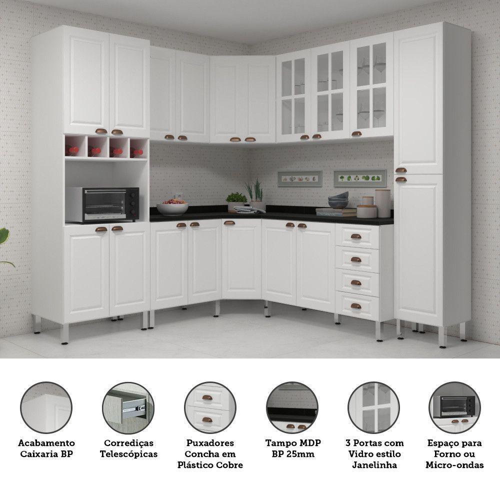 Armário De Cozinha Completa 8 Peças Com Tampos Espaço Para Forno E Vidro Cristal Luciane Móveis Branco Polar Com Branco Pet E Preto - 2