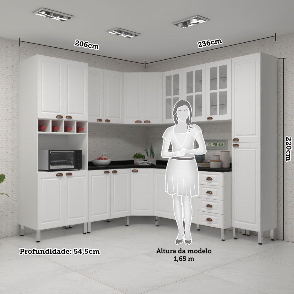 Armário De Cozinha Completa 8 Peças Com Tampos Espaço Para Forno E Vidro Cristal Luciane Móveis Branco Polar Com Branco Pet E Preto - 5