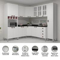 Armário De Cozinha Completa 8 Peças Com Tampos Espaço Para Forno E Vidro Cristal Luciane Móveis Branco Polar Com Branco Pet E Preto - 2