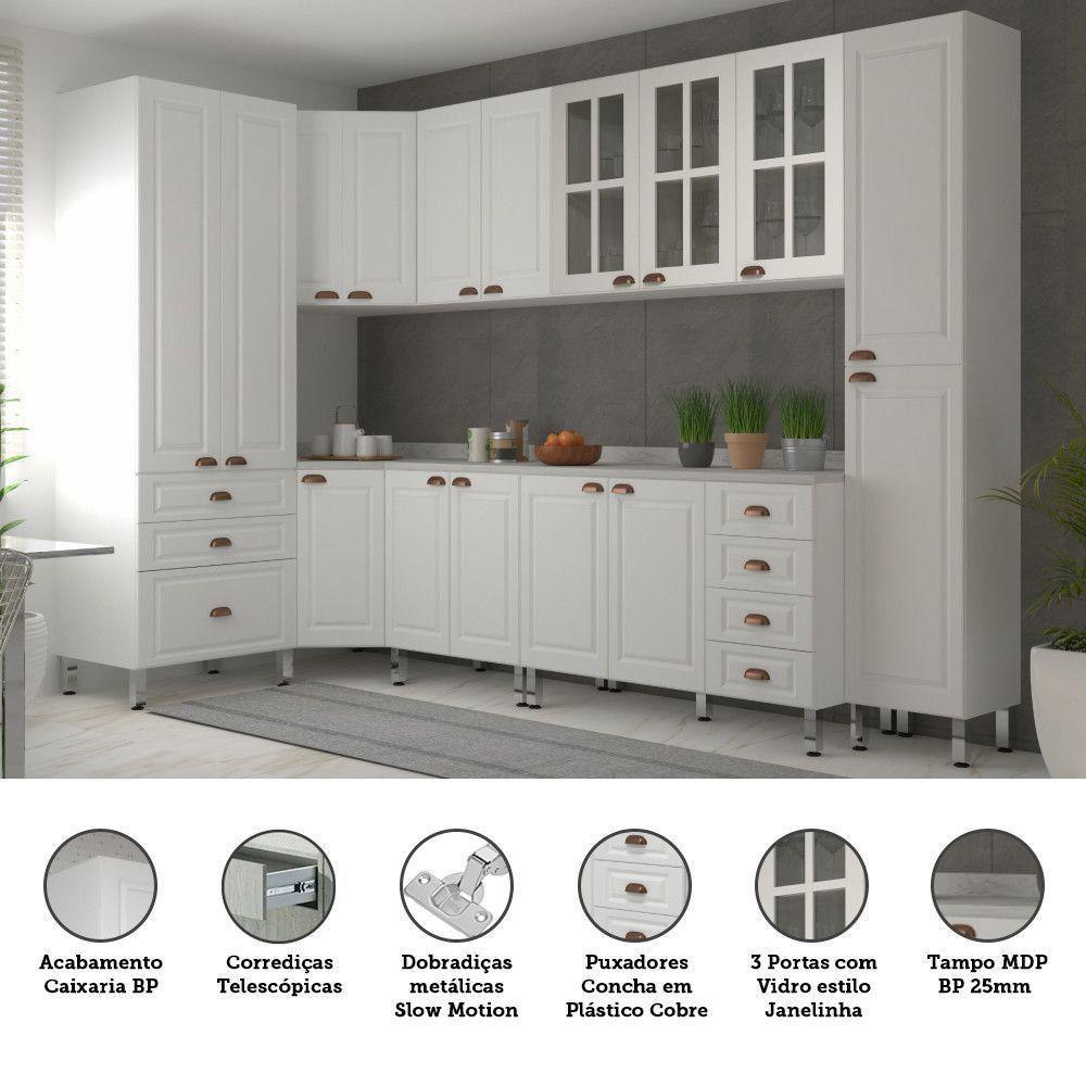 Armário De Cozinha Completa 8 Peças Com Tampos E Vidro Cristal Luciane Móveis Branco Polar Com Branco Pet E Marmore - 2