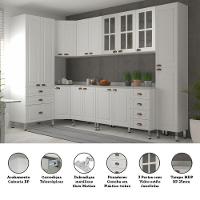 Armário De Cozinha Completa 8 Peças Com Tampos E Vidro Cristal Luciane Móveis Branco Polar Com Branco Pet E Marmore - 2