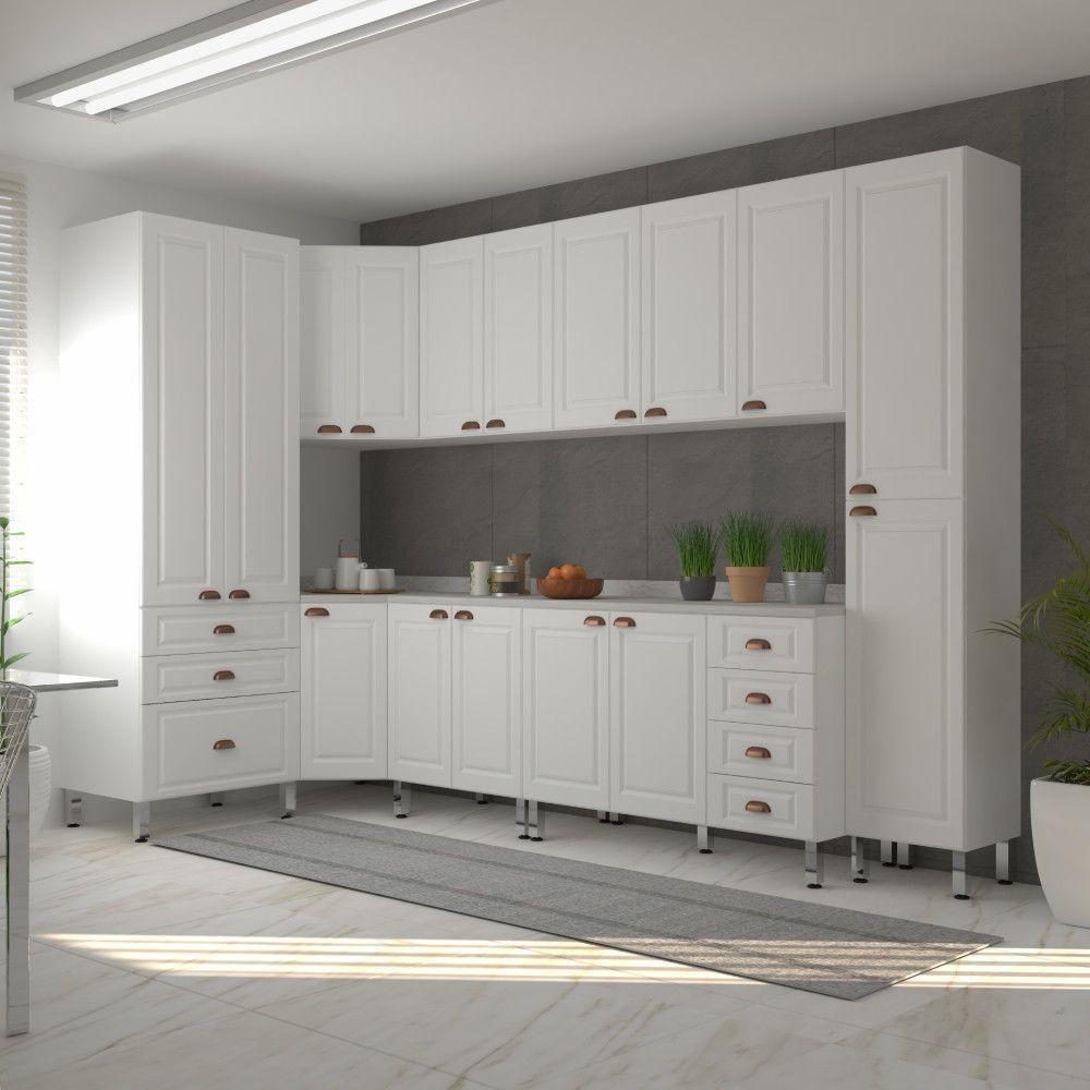 Armário De Cozinha Completa 8 Peças Com Tampos Cristal Luciane Móveis Branco Polar Com Branco Pet E Marmore - 1