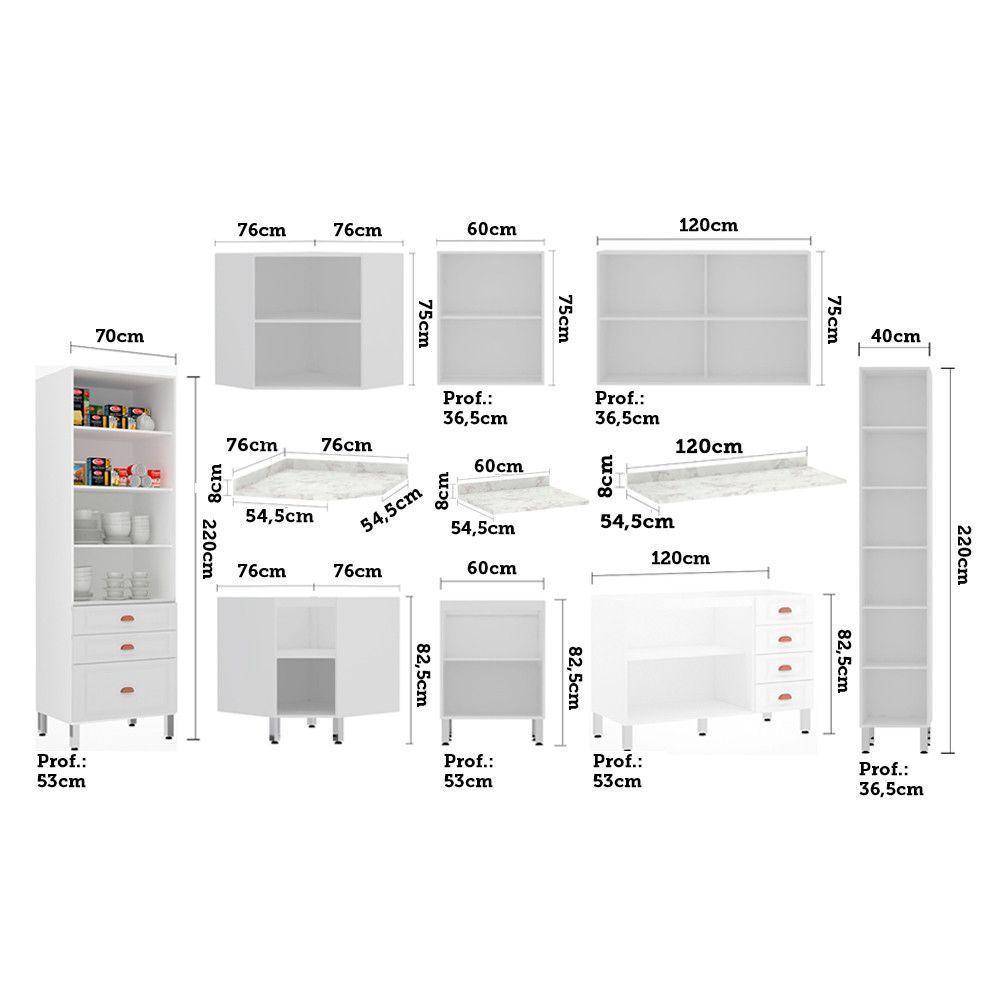 Armário De Cozinha Completa 8 Peças Com Tampos Cristal Luciane Móveis Branco Polar Com Branco Pet E Marmore - 4