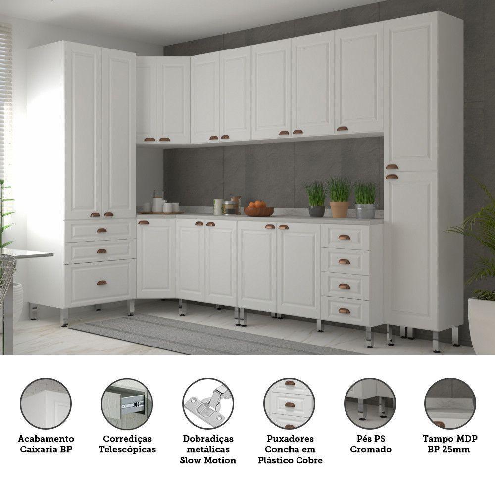 Armário De Cozinha Completa 8 Peças Com Tampos Cristal Luciane Móveis Branco Polar Com Branco Pet E Marmore - 6
