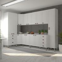 Armário De Cozinha Completa 8 Peças Com Tampos Cristal Luciane Móveis Branco Polar Com Branco Pet E Marmore - 1