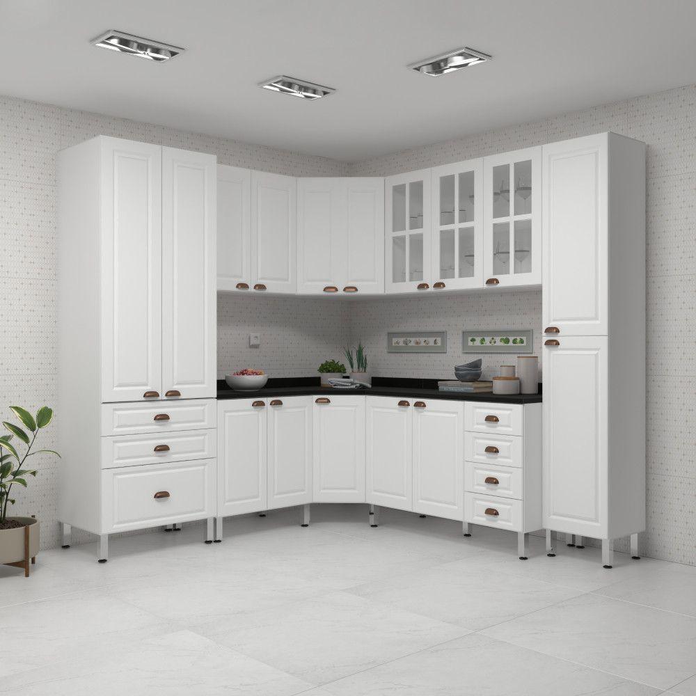Armário De Cozinha Completa 8 Peças Com Tampos E Vidro Cristal Luciane Móveis Branco Polar Com Branco Pet E Preto - 1