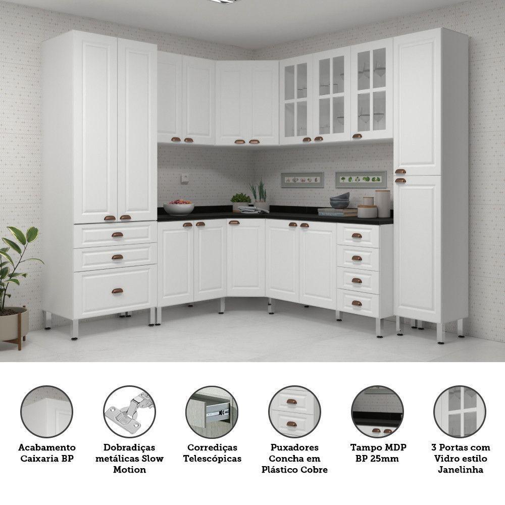 Armário De Cozinha Completa 8 Peças Com Tampos E Vidro Cristal Luciane Móveis Branco Polar Com Branco Pet E Preto - 2