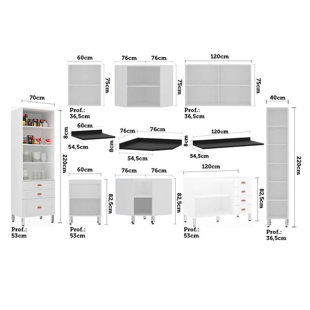 Armário De Cozinha Completa 8 Peças Com Tampos E Vidro Cristal Luciane Móveis Branco Polar Com Branco Pet E Preto - 5
