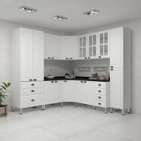Armário De Cozinha Completa 8 Peças Com Tampos E Vidro Cristal Luciane Móveis Branco Polar Com Branco Pet E Preto - 1