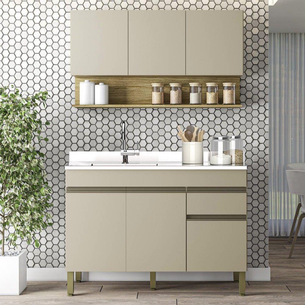 Armário De Cozinha E Balcão Com Pia 120cm Lina K02 Vanilla/freijó - Mpozenato - 5