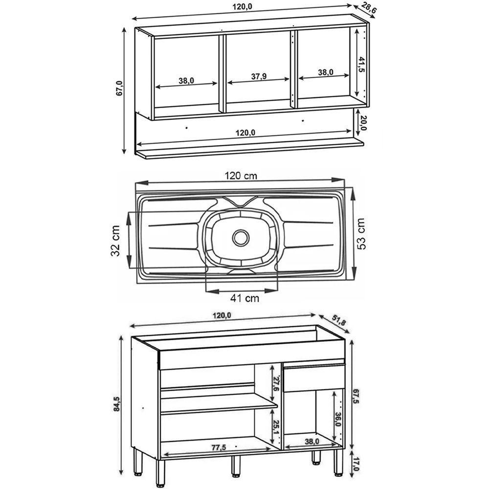 Armário De Cozinha E Balcão Com Pia 120cm Lina K02 Vanilla/freijó - Mpozenato - 6