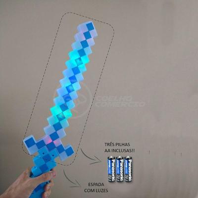 Kit Brinquedo Espada Pixel Minecraft 58cm C/Som Luz+3 Pilhas