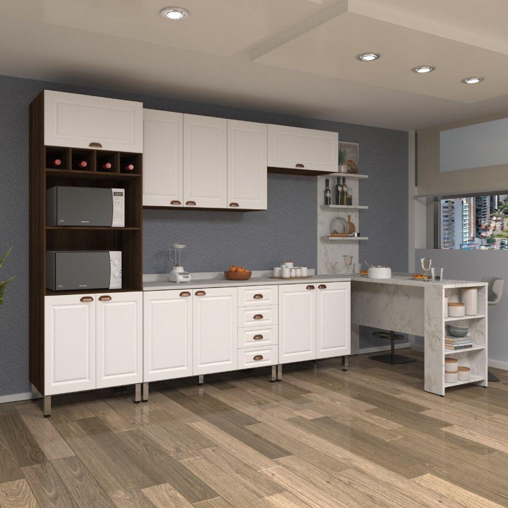 Armário De Cozinha Compacta 5 Peças Com Tampo Bancada E Espaço Para Forno Safira Luciane Móveis Nogueira Dourado C/ Branco Pet E Marmore - 1