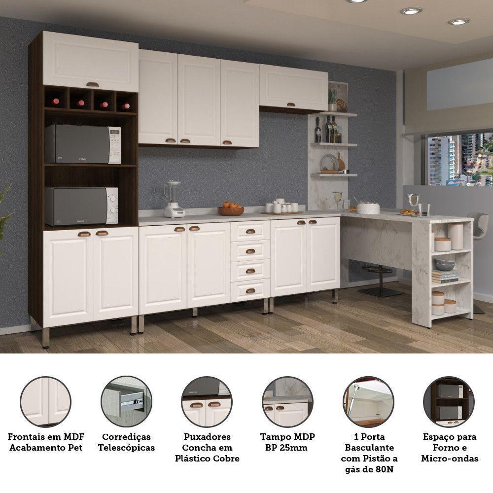 Armário De Cozinha Compacta 5 Peças Com Tampo Bancada E Espaço Para Forno Safira Luciane Móveis Nogueira Dourado C/ Branco Pet E Marmore - 2