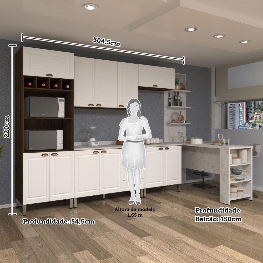 Armário De Cozinha Compacta 5 Peças Com Tampo Bancada E Espaço Para Forno Safira Luciane Móveis Nogueira Dourado C/ Branco Pet E Marmore - 5