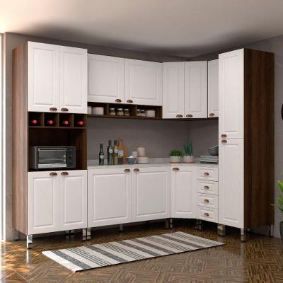 Armário De Cozinha Completa 8 Peças Com Tampo E Espaço Para Micro-ondas Safira Luciane Móveis Nogueira Dourado C/ Branco Pet E Marmore