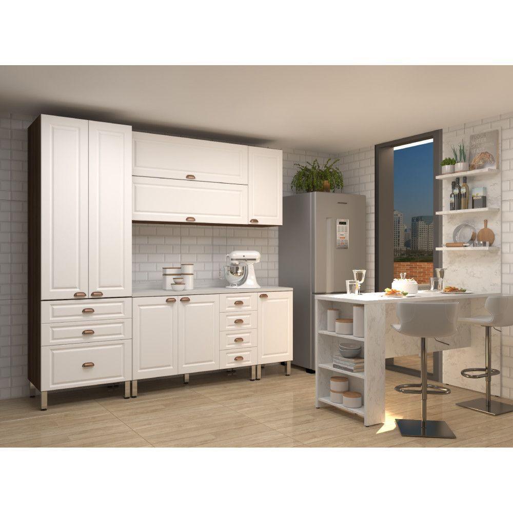 Armário De Cozinha Completa 5 Peças Com Tampo E Bancada Com Painel Safira Luciane Móveis Nogueira Dourado C/ Branco Pet E Marmore - 1