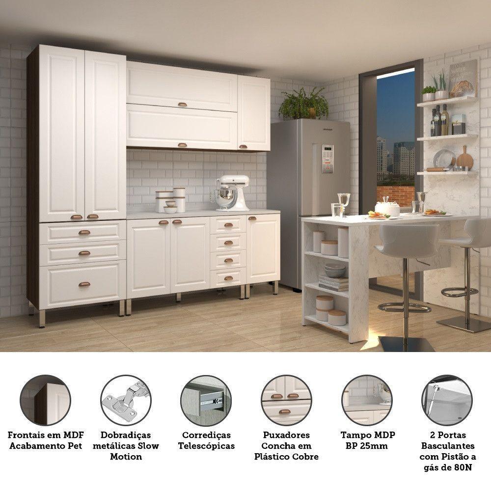 Armário De Cozinha Completa 5 Peças Com Tampo E Bancada Com Painel Safira Luciane Móveis Nogueira Dourado C/ Branco Pet E Marmore - 2