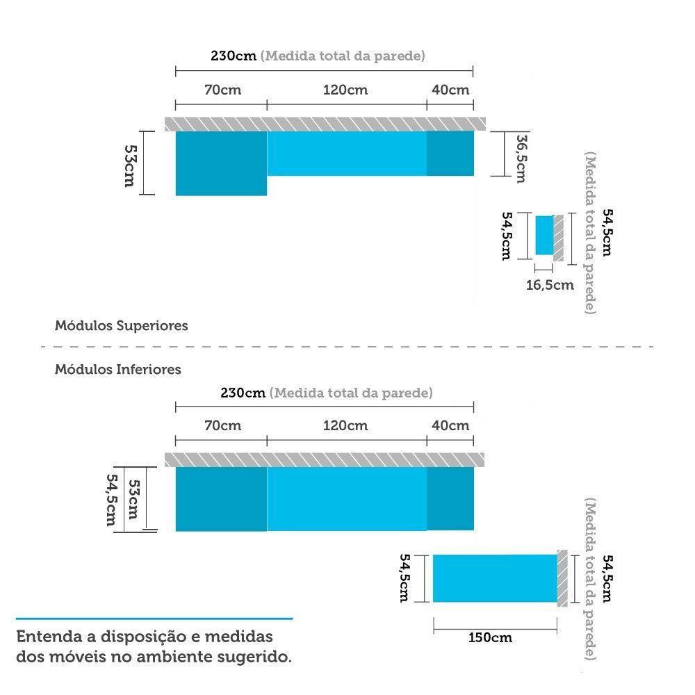 Armário De Cozinha Completa 5 Peças Com Tampo E Bancada Com Painel Safira Luciane Móveis Nogueira Dourado C/ Branco Pet E Marmore - 3