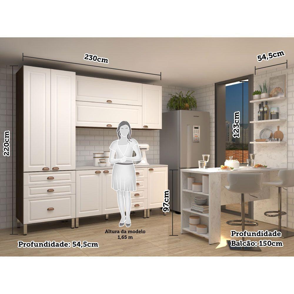 Armário De Cozinha Completa 5 Peças Com Tampo E Bancada Com Painel Safira Luciane Móveis Nogueira Dourado C/ Branco Pet E Marmore - 5