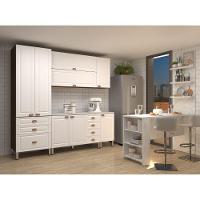 Armário De Cozinha Completa 5 Peças Com Tampo E Bancada Com Painel Safira Luciane Móveis Nogueira Dourado C/ Branco Pet E Marmore - 1