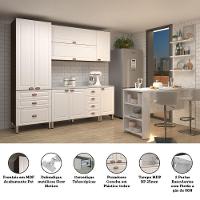 Armário De Cozinha Completa 5 Peças Com Tampo E Bancada Com Painel Safira Luciane Móveis Nogueira Dourado C/ Branco Pet E Marmore - 2