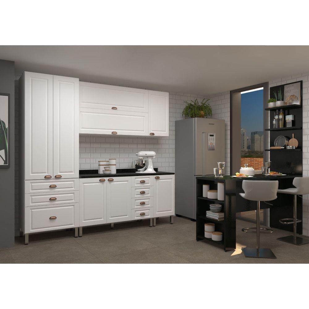 Armário De Cozinha Compacta 5 Peças Com Tampo E Bancada Com Painel Cristal Luciane Móveis Branco Polar Com Branco Pet E Preto - 1