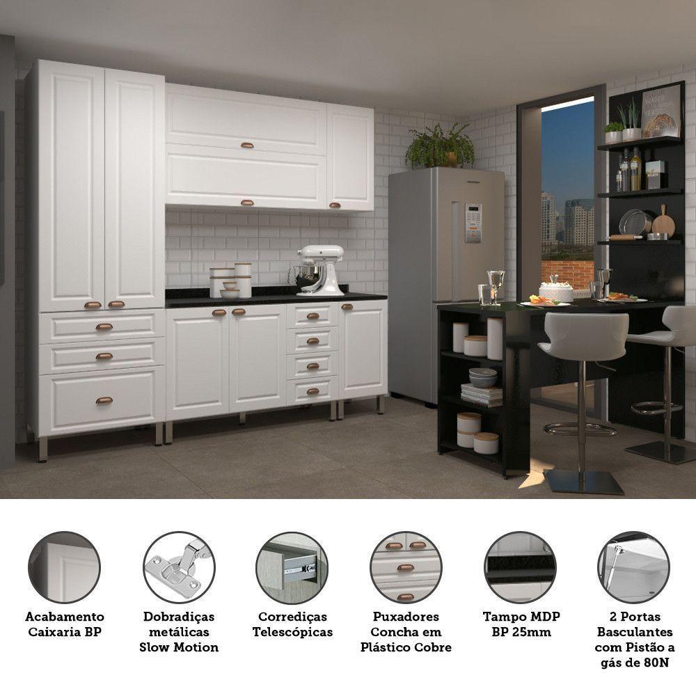 Armário De Cozinha Compacta 5 Peças Com Tampo E Bancada Com Painel Cristal Luciane Móveis Branco Polar Com Branco Pet E Preto - 2