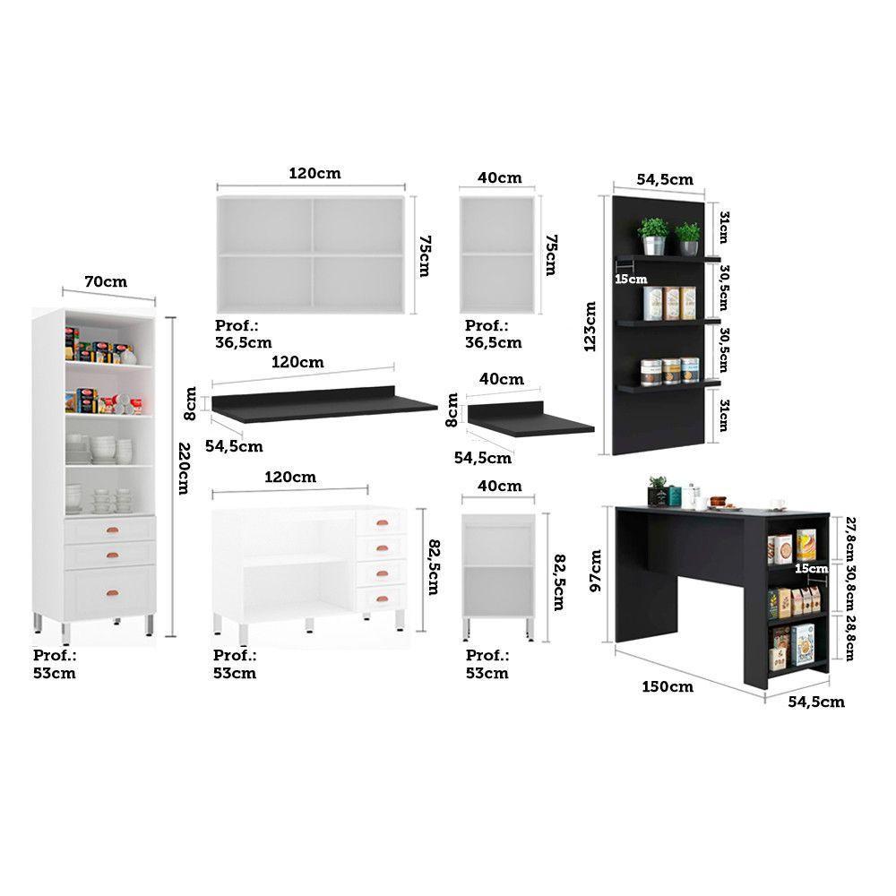 Armário De Cozinha Compacta 5 Peças Com Tampo E Bancada Com Painel Cristal Luciane Móveis Branco Polar Com Branco Pet E Preto - 4