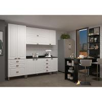 Armário De Cozinha Compacta 5 Peças Com Tampo E Bancada Com Painel Cristal Luciane Móveis Branco Polar Com Branco Pet E Preto - 1