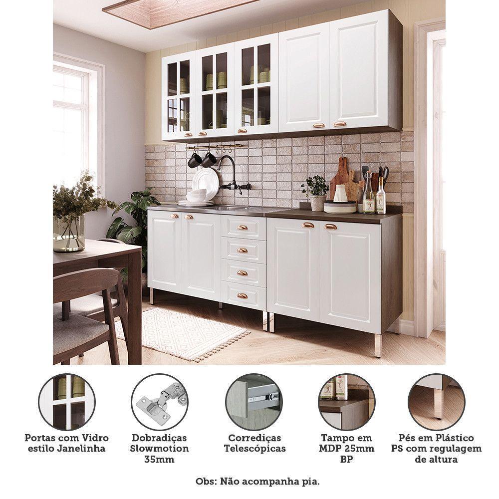Armário De Cozinha Compacta 4 Peças Com Vidro Janelinha Safira Luciane Móveis Nogueira Dourado Com Branco Pet - 2