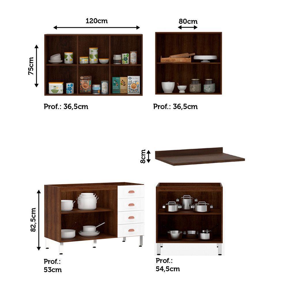 Armário De Cozinha Compacta 4 Peças Com Vidro Janelinha Safira Luciane Móveis Nogueira Dourado Com Branco Pet - 3