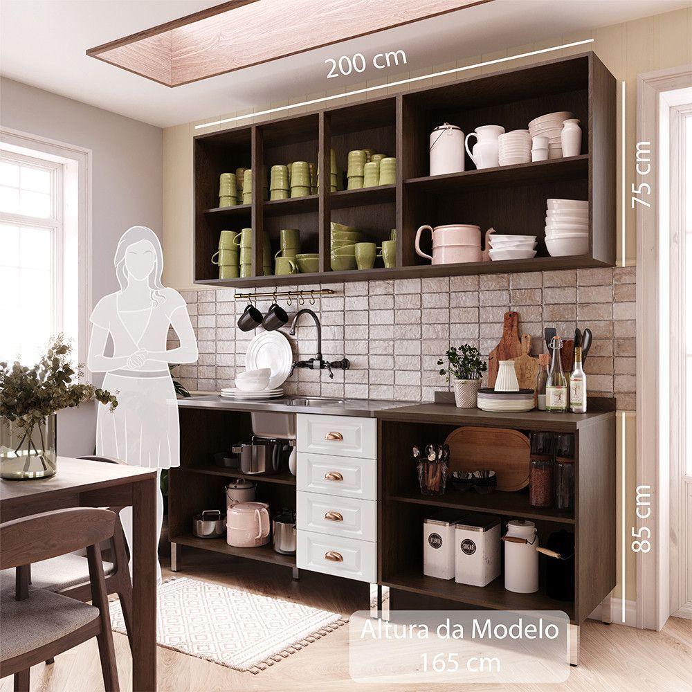 Armário De Cozinha Compacta 4 Peças Com Vidro Janelinha Safira Luciane Móveis Nogueira Dourado Com Branco Pet - 4