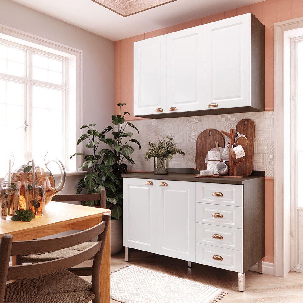 Armário De Cozinha Compacta 2 Peças Com Tampo Safira Luciane Móveis Nogueira Dourado Com Branco Pet - 1