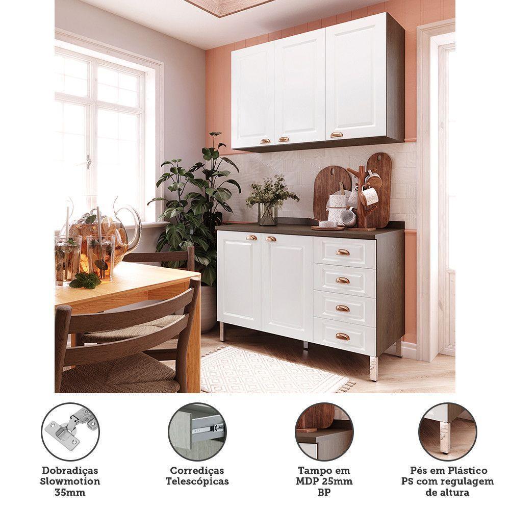 Armário De Cozinha Compacta 2 Peças Com Tampo Safira Luciane Móveis Nogueira Dourado Com Branco Pet - 2