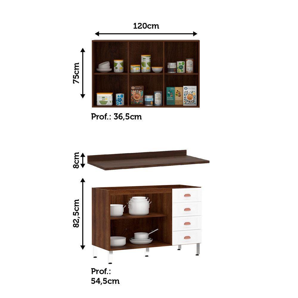 Armário De Cozinha Compacta 2 Peças Com Tampo Safira Luciane Móveis Nogueira Dourado Com Branco Pet - 3